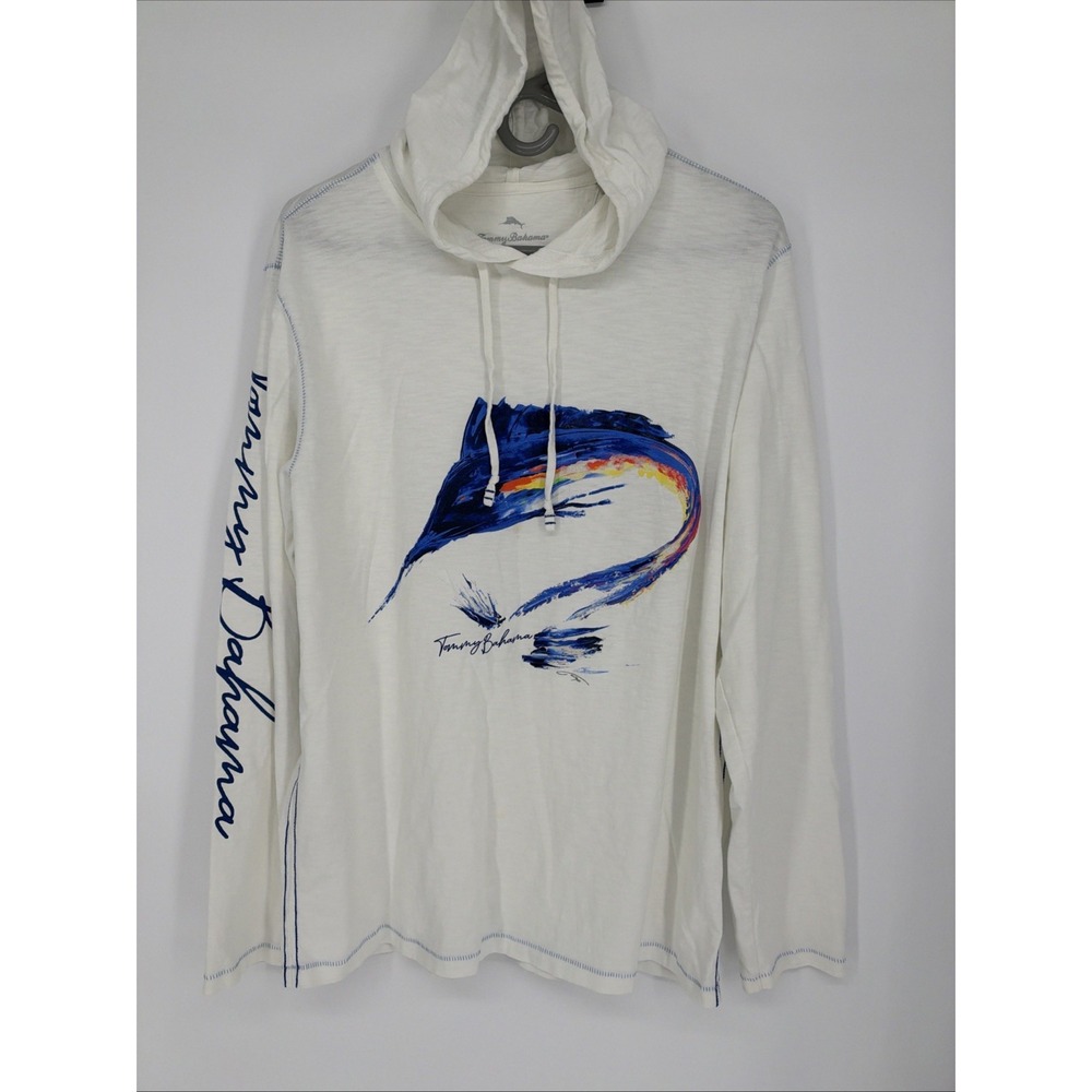 Tommy Bahama Men's White Pullover Hoodie M Cotton Marlin Fish Graphic